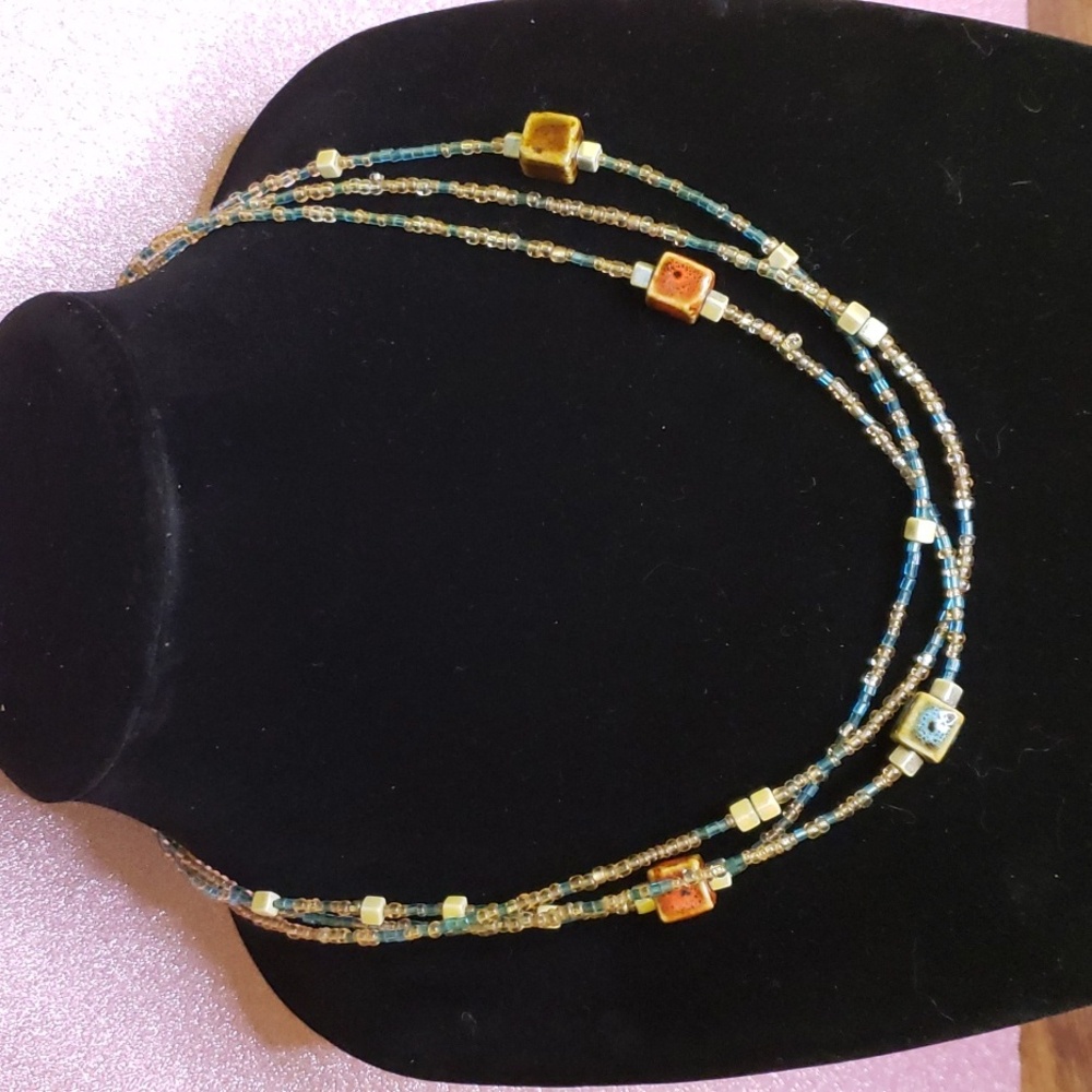CJ Signed 3 Strand Beaded Multicolor Necklace